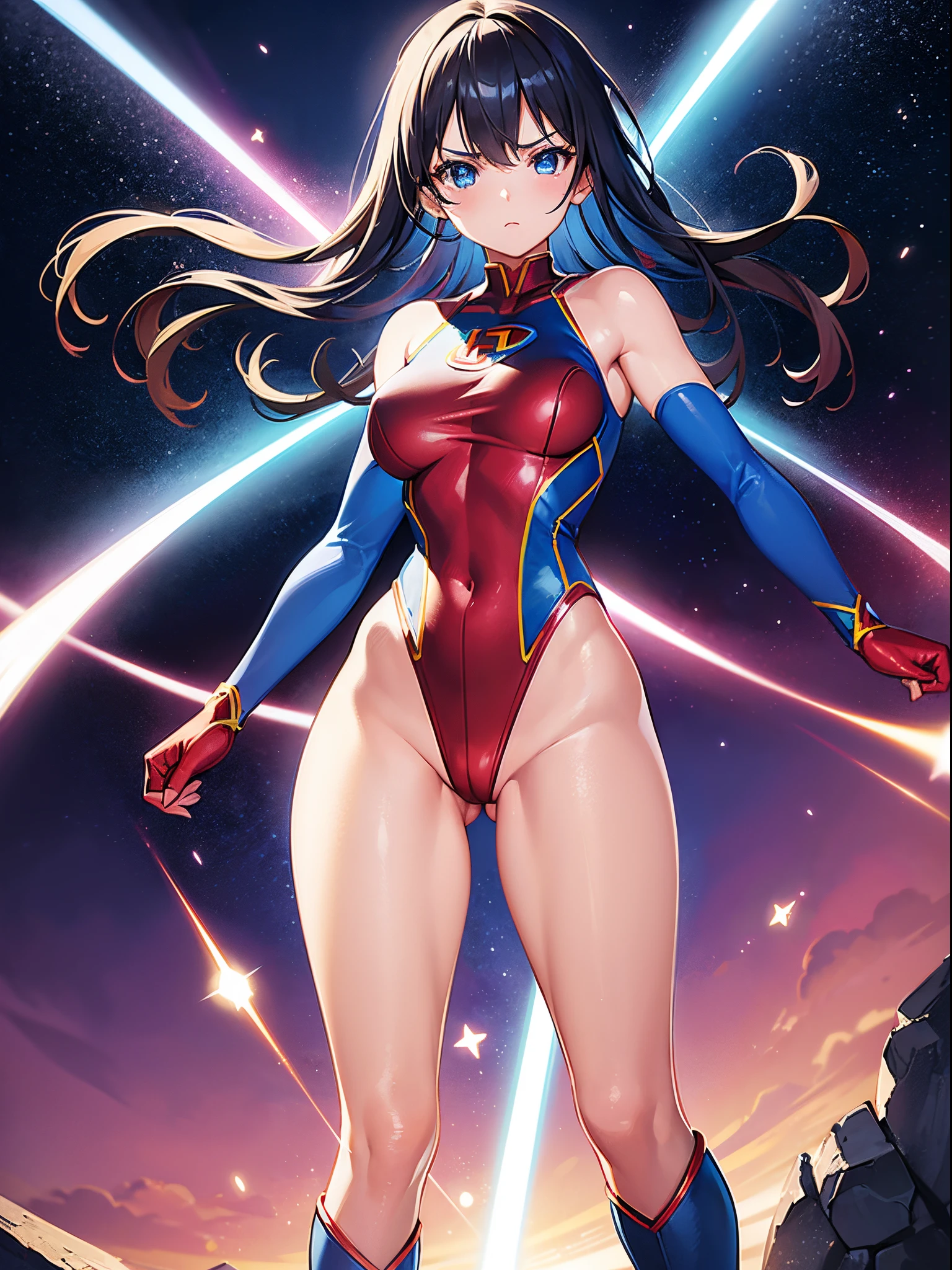 1girl, superhero, leotard, blue and red leotard, bare legs, boots, gloves, medium breasts, beautiful detailed eyes, glowing body, light surrounding her body, light particles, space backdrop, standing pose, floating, cowboy shot, full body shot, superpower, perfect anatomy.