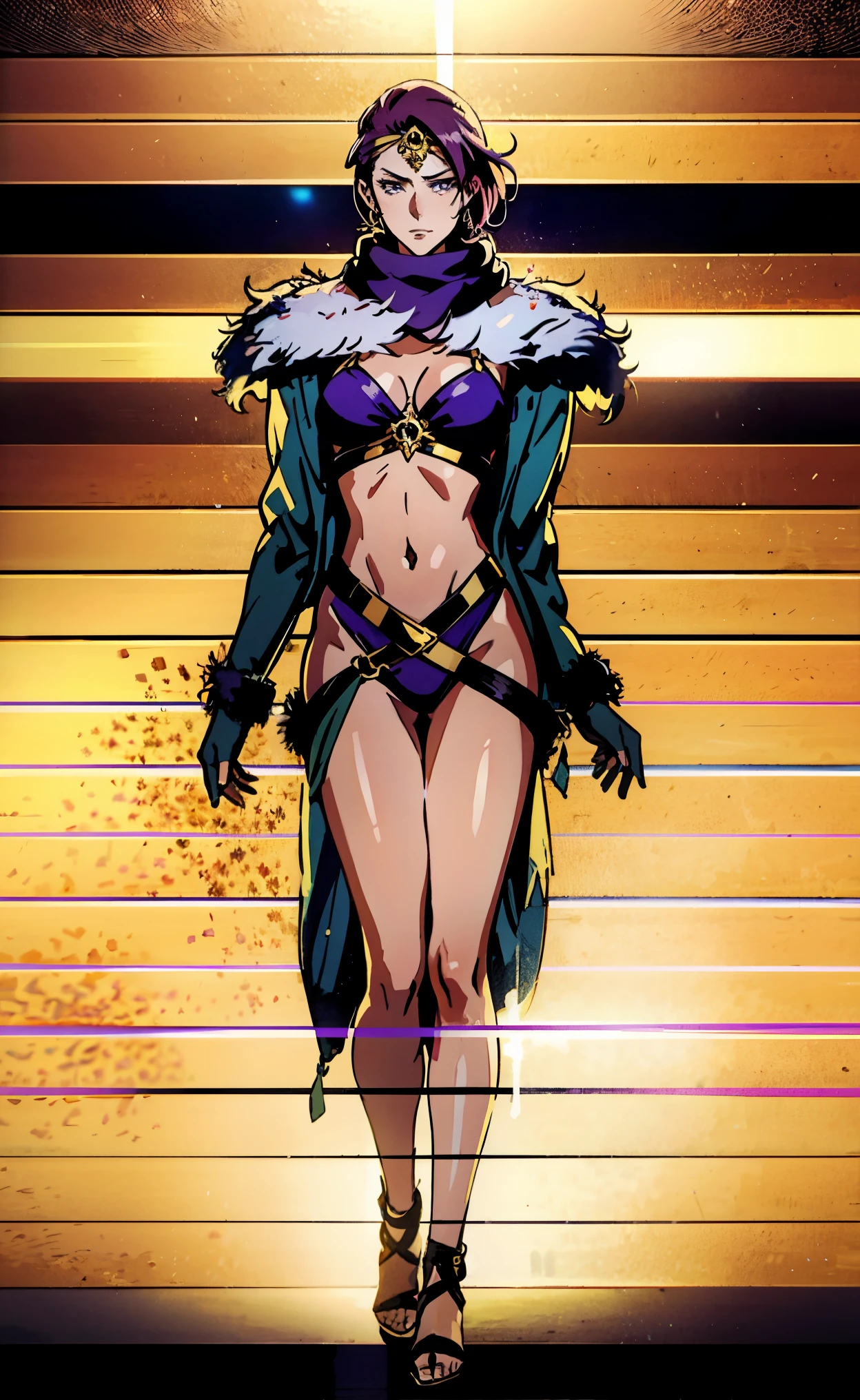 A beautiful woman, short purple hair, long bangs covering her left eye, a headband on her forehead, an exquisite and charming face, a mysterious gaze, a faint smile, draped over her shoulders a thick fur scarf connected to sleeves made of the same fur, a fantasy-style bikini outfit, showcases her delicate and alluring figure, a fur belt around her waist, the background features a cracked giant stone in the wilderness emitting an eerie glow, this character embodies a finely crafted fantasy-style female villain in anime style, exquisite and mature manga art style, perfect body, perfect nose, goddess, femminine, high definition, best quality, highres, ultra-detailed, ultra-fine painting, extremely delicate, professional, anatomically correct, symmetrical face, extremely detailed eyes and face, high quality eyes, creativity, RAW photo, UHD, 8k, Natural light, cinematic lighting, masterpiece-anatomy-perfect, masterpiece:1.5