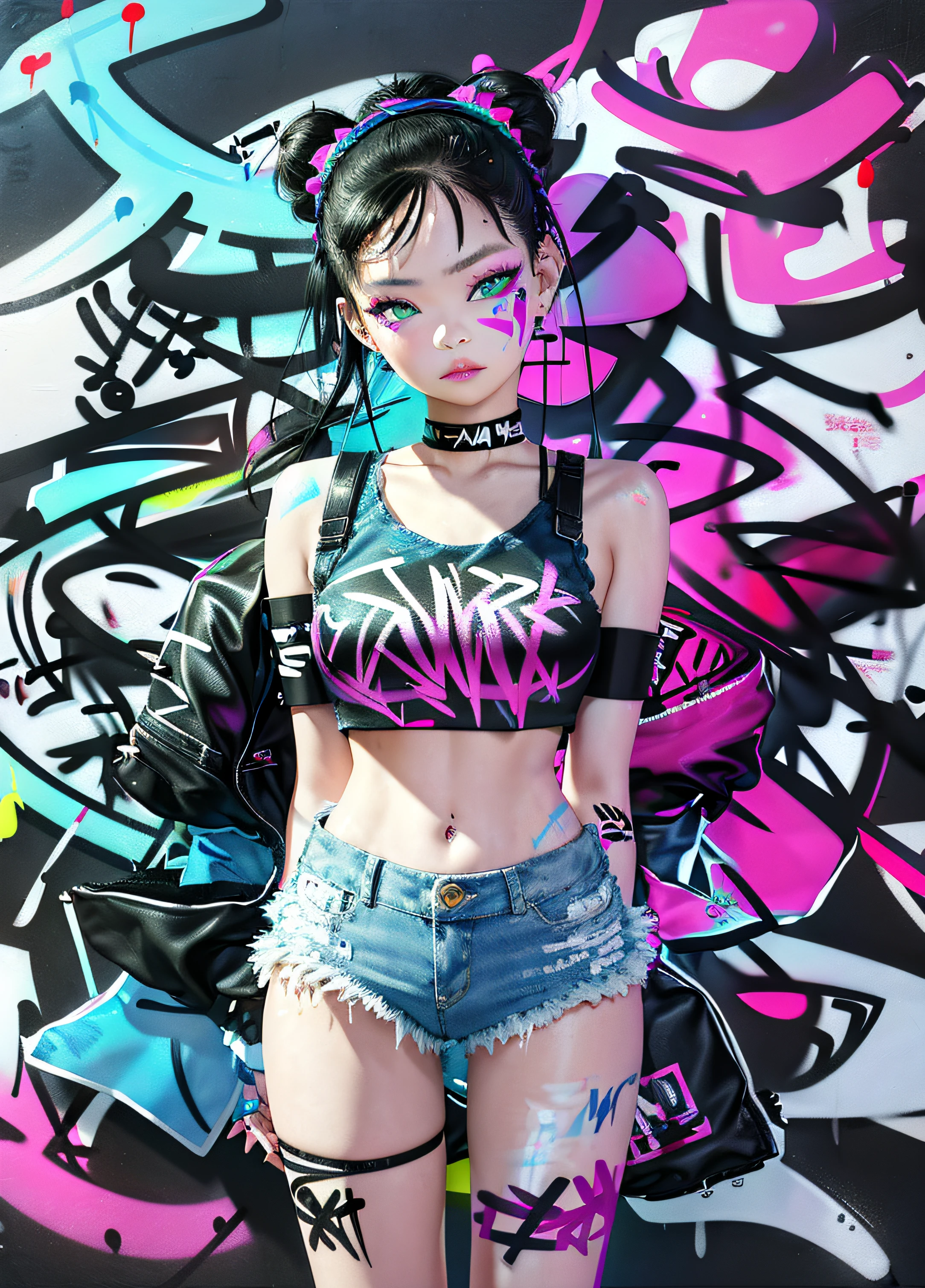 masterpiece, best quality, 1girl, solo, crop top, denim shorts, choker, (graffiti:1.5), paint splatter, arms behind back, against wall, looking at viewer, armband, thigh strap, paint on body, head tilt, bored, black hair, aqua eyes, headset, Jennie Kim.
