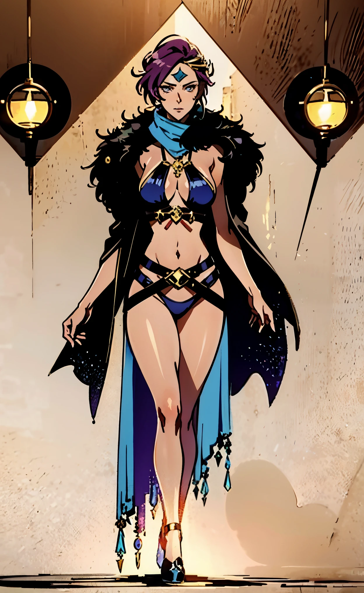 A beautiful woman, short purple hair, long bangs covering her left eye, a headband on her forehead, an exquisite and charming face, a mysterious gaze, a faint smile, draped over her shoulders a thick fur scarf connected to sleeves made of the same fur, a fantasy-style bikini outfit, showcases her delicate and alluring figure, a fur belt around her waist, the background features a cracked giant stone in the wilderness emitting an eerie glow, this character embodies a finely crafted fantasy-style female villain in anime style, exquisite and mature manga art style, perfect body, perfect nose, goddess, femminine, high definition, best quality, highres, ultra-detailed, ultra-fine painting, extremely delicate, professional, anatomically correct, symmetrical face, extremely detailed eyes and face, high quality eyes, creativity, RAW photo, UHD, 8k, Natural light, cinematic lighting, masterpiece-anatomy-perfect, masterpiece:1.5