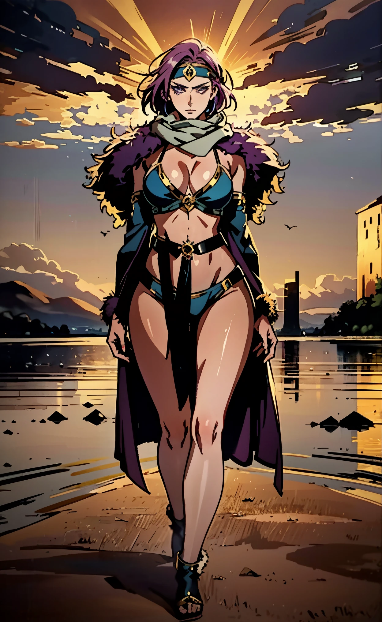 A beautiful woman, short purple hair, long bangs covering her left eye, a headband on her forehead, an exquisite and charming face, a mysterious gaze, a faint smile, draped over her shoulders a thick fur scarf connected to sleeves made of the same fur, a fantasy-style bikini outfit, showcases her delicate and alluring figure, a fur belt around her waist, the background features a cracked giant stone in the wilderness emitting an eerie glow, this character embodies a finely crafted fantasy-style female villain in anime style, exquisite and mature manga art style, perfect body, perfect nose, goddess, femminine, high definition, best quality, highres, ultra-detailed, ultra-fine painting, extremely delicate, professional, anatomically correct, symmetrical face, extremely detailed eyes and face, high quality eyes, creativity, RAW photo, UHD, 8k, Natural light, cinematic lighting, masterpiece-anatomy-perfect, masterpiece:1.5