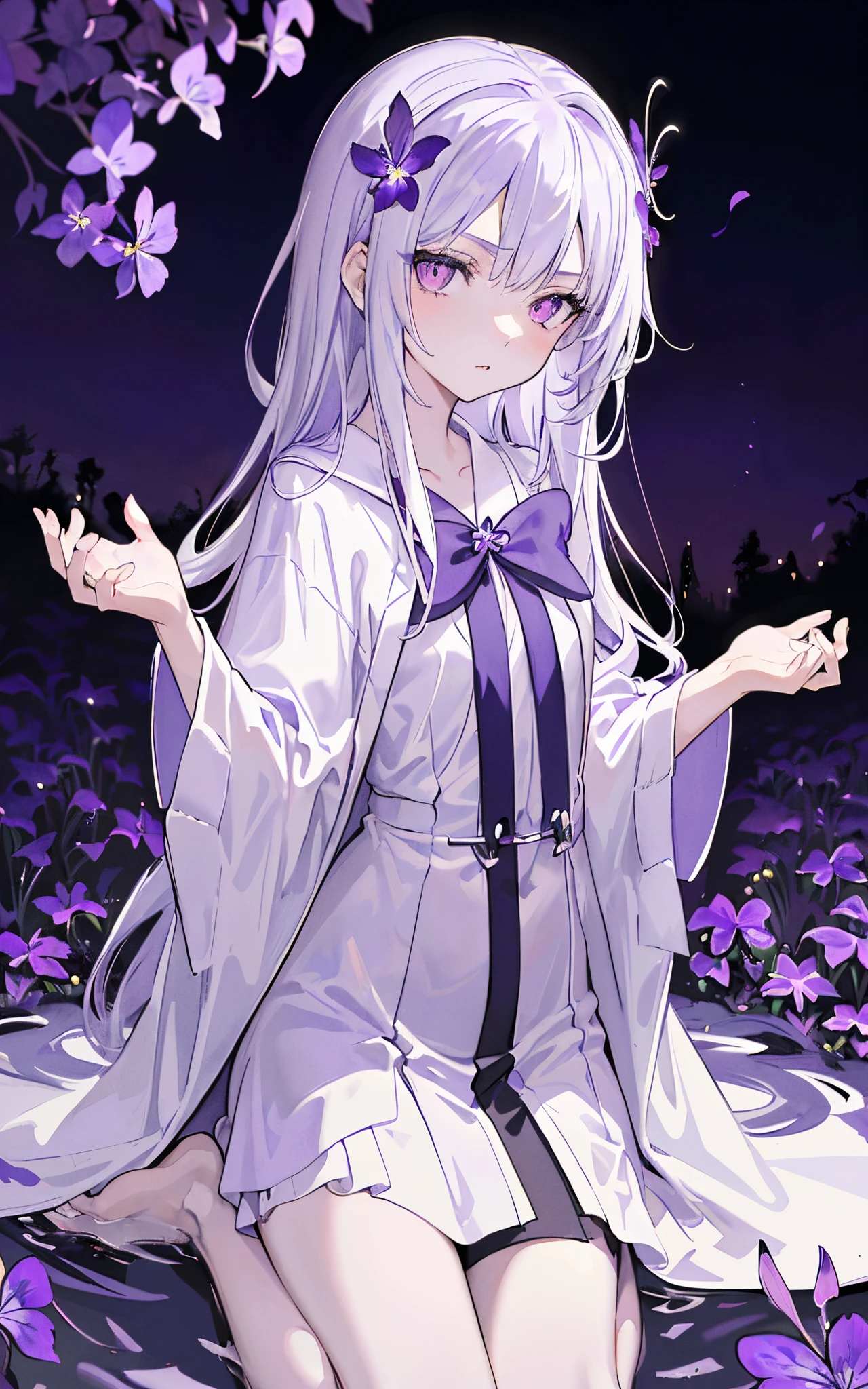((tmasterpiece:1.4, Best quality at best))+, (ultra - detailed)+,(Ultra-detailed eyes)+,
(Cute 1girl),15year old,(Scarlet eyes:1.15),silber hair, Very long hair,messy hair,(wariza:1.2),Vampires,pale-skinned,shut up,sad,
(She wears a robe twined with violets:1.5),(flatchest:1.2),(Off-white dress:1.4),(Violet clothes:1.2),(Skinny:1.4),
(be desperate:1.3),Gothic,
(haggard:1.3),leafs,(Vine tree:1.1),
(Silver Moon Light:1.2),red colour,
(Heavy monochrome:1.16),(depth of fields:1.4),