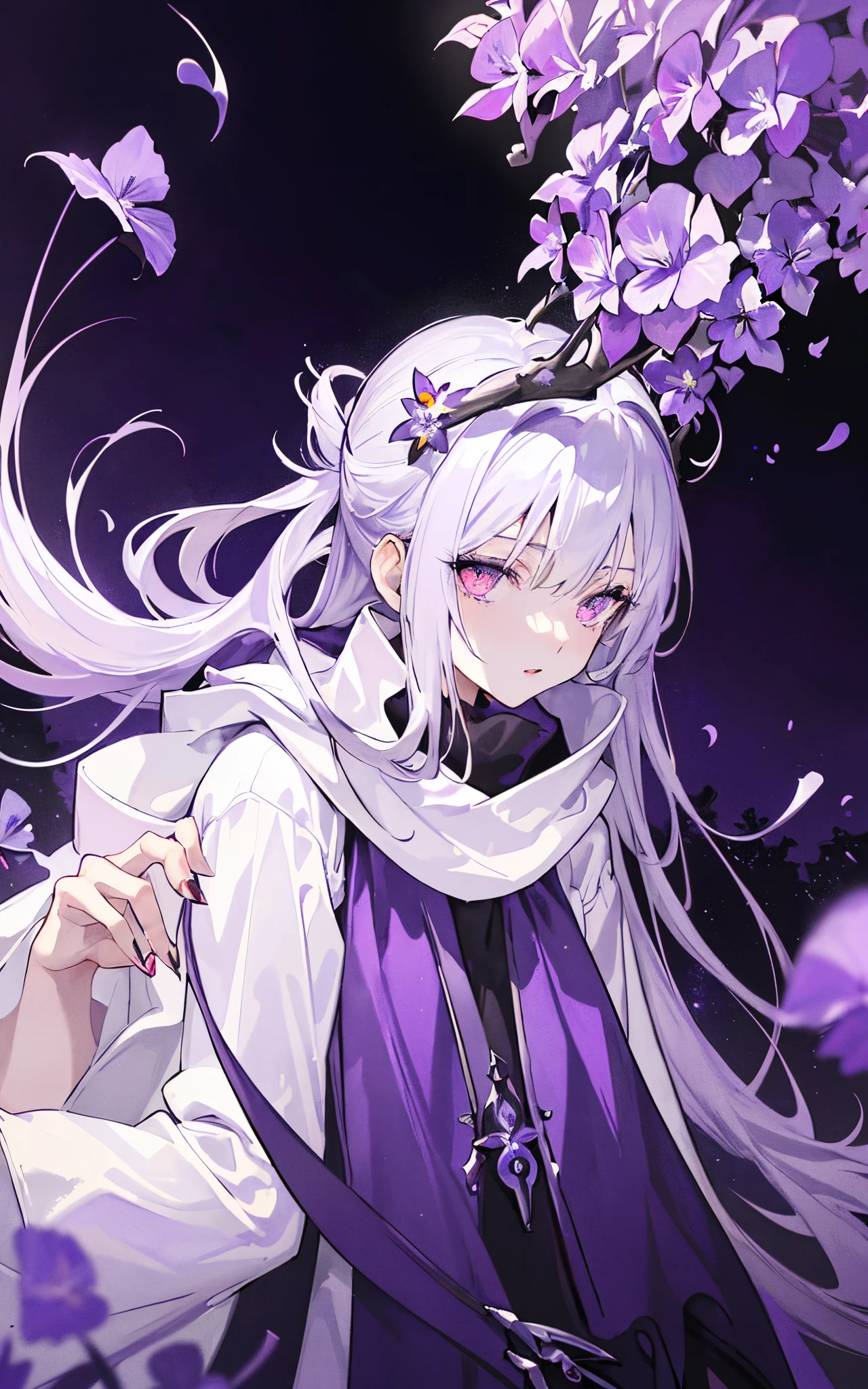 ((tmasterpiece:1.4, Best quality at best))+, (ultra - detailed)+,(Ultra-detailed eyes)+,
(Cute 1girl),ar old,(Scarlet eyes:1.15),silber hair, Very long hair,messy hair,(wariza:1.2),Vampires,pale-skinned,shut up,sad,
(She wears a robe twined with violets:1.5),(flatchest:1.2),(Off-white dress:1.4),(Violet clothes:1.2),(Skinny:1.4),
(be desperate:1.3),Gothic,
(haggard:1.3),leafs,(Vine tree:1.1),
(Silver Moon Light:1.2),red colour,
(Heavy monochrome:1.16),(depth of fields:1.4),