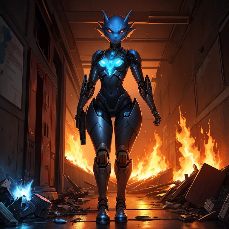 female, furry, metallic, robotic, anthro, blue ,slender appealing body, black, kobold, short, small breasts, demonic, thin body, hallway, corridor, gangway, walking, curved thighs, holding blaster gun, fire, burning, destruction, war, explosions , science fiction, galaxy, stars, high quality, masterpiece,