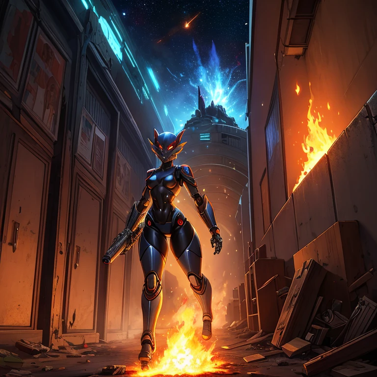 female, furry, metallic, robotic, anthro, blue ,slender appealing body, black, kobold, short, small breasts, demonic, thin body, hallway, corridor, gangway, walking, curved thighs, holding blaster gun, fire, burning, destruction, war, explosions , science fiction, galaxy, stars, high quality, masterpiece,