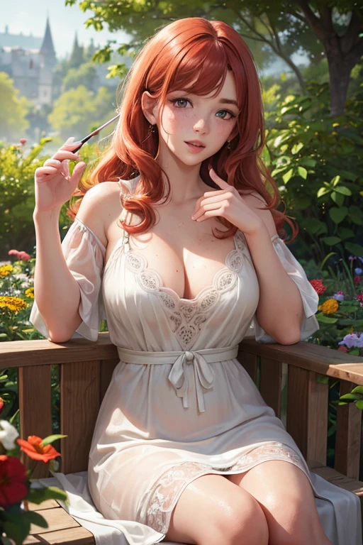 (best quality,4k,8k,highres,masterpiece:1.2),ultra-detailed,realistic,photorealistic:1.37,curly haired redhead,girl,beautiful detailed eyes,beautiful detailed lips,extremely detailed eyes and face,long eyelashes,porcelain skin,soft freckles,rosy cheeks,radiant smile,flowing red hair,garden,floral background,vibrant colors,natural lighting,bokeh,brushstroke-like textures,storybook illustration style