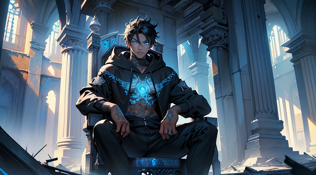 8k, complex, elegant, highly detailed, majestic, digital photography, surrealist painting, beating magic, (masterpiece, side light, fine beautiful blue eyes: 1.2), HDR, (glowing blue eyes)), (glowing tattoo), handsome boy, black hair, skinny, (black skin), handsome, facing the camera, masterpiece, (white hoodie with black patterns),(seated on a throne in an abandoned temple).