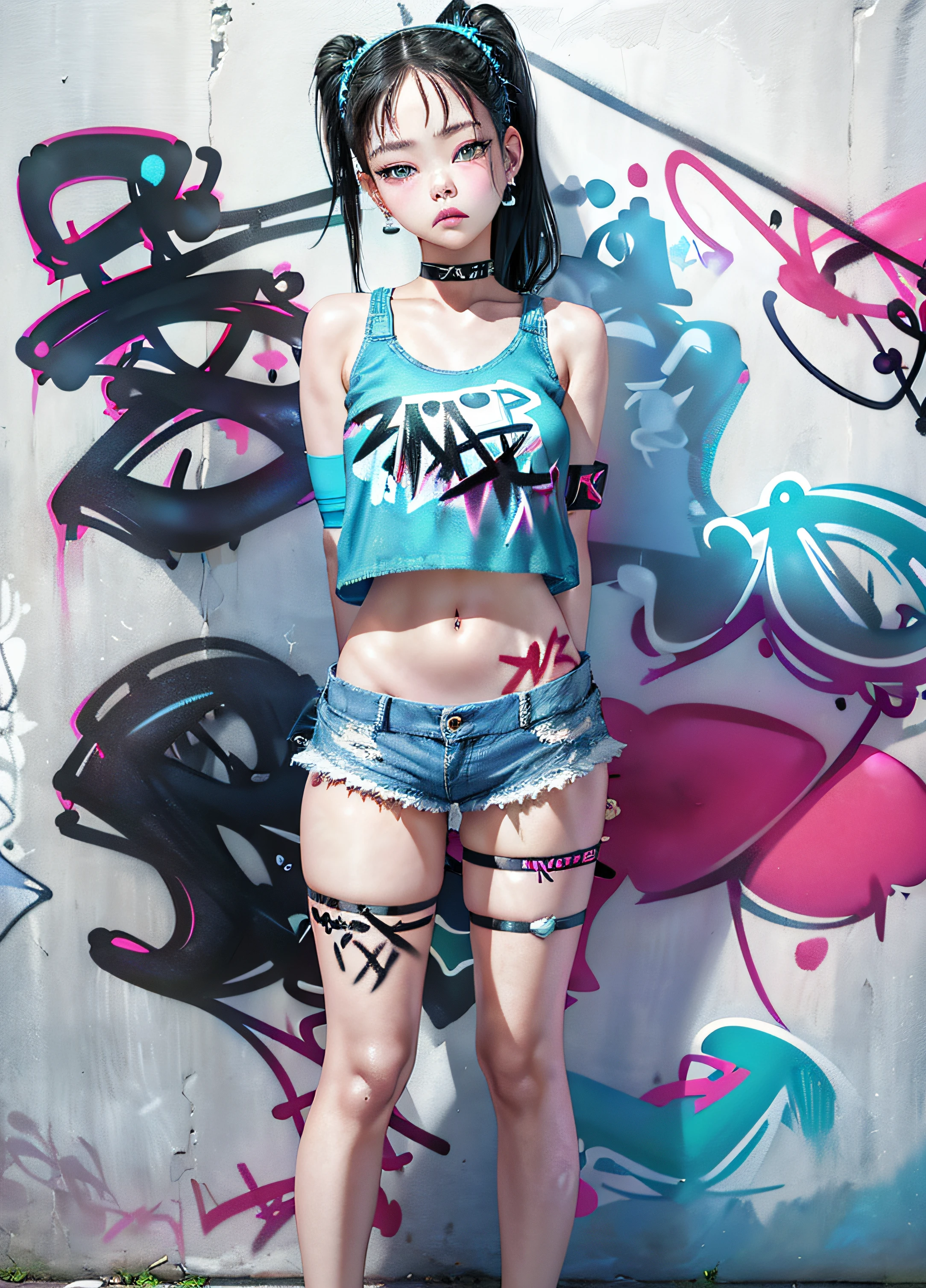 masterpiece, best quality, 1girl, solo, crop top, denim shorts, choker, (graffiti:1.5),  arms behind back, against wall, looking at viewer, armband, thigh strap, head tilt, bored, black hair, aqua eyes, headset, Jennie Kim.