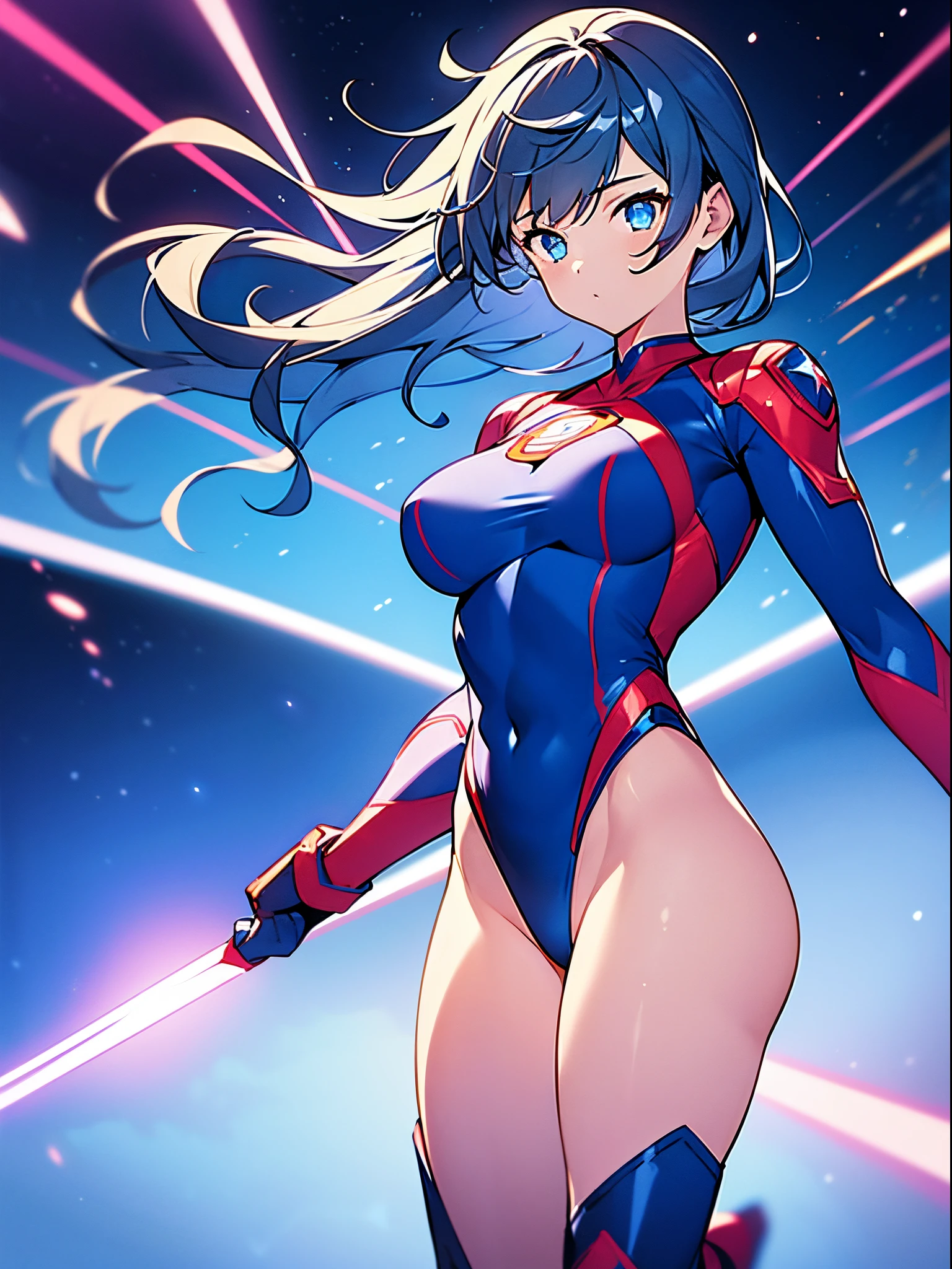 1girl, superhero, leotard, blue and red leotard, bare legs, boots, gloves, medium breasts, beautiful detailed eyes, glowing body, light surrounding her body, light particles, space backdrop, standing pose, floating, cowboy shot, full body shot, superpower, perfect anatomy.