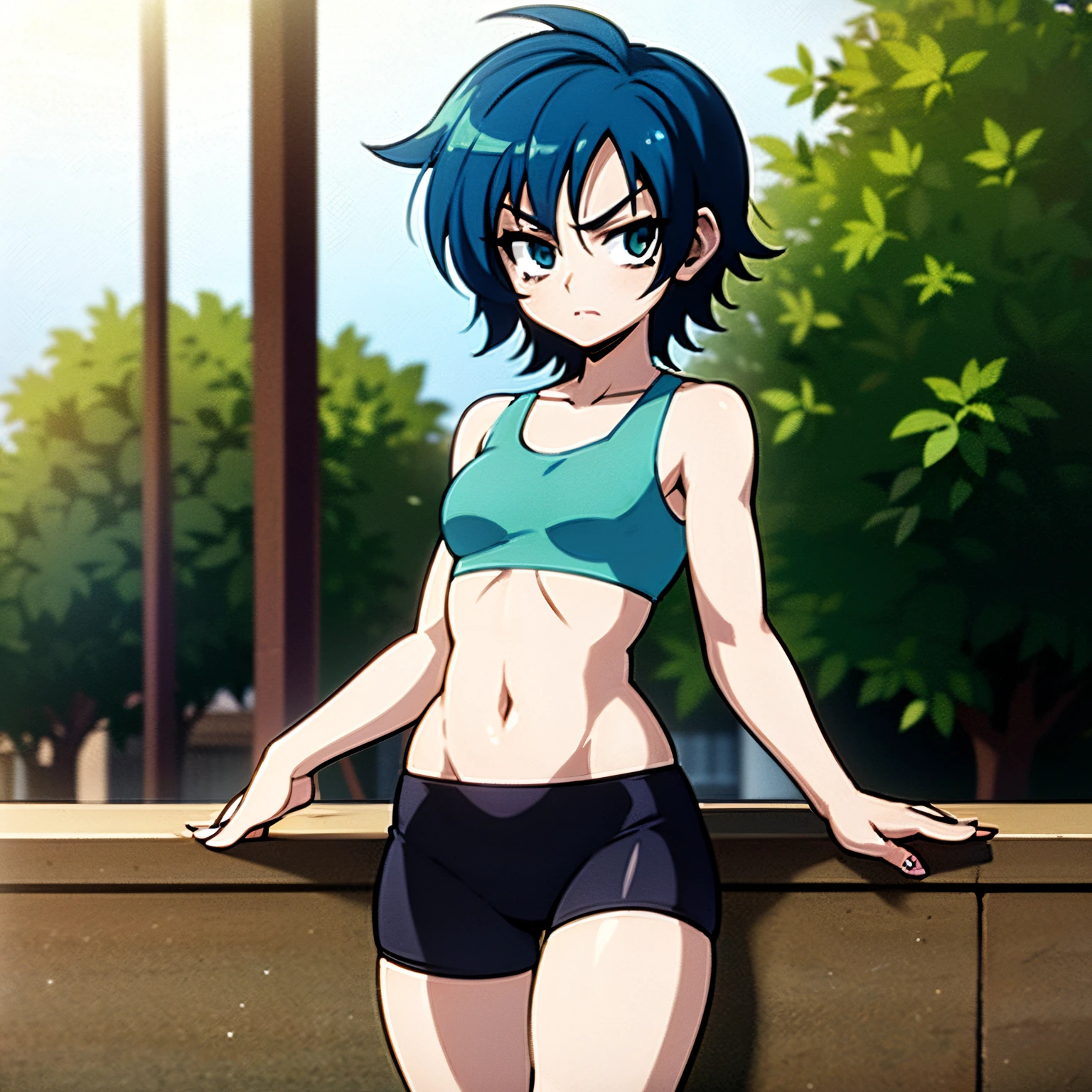 GameGirl , short hair, blue hair (green hair locks) , 80's anime style, (flat chest), thighs, hips, small waist, park bench, biker shorts, cloudy day, weak wilted plants, cracks in sidewalk, butterflies and daisies, sunlight shining