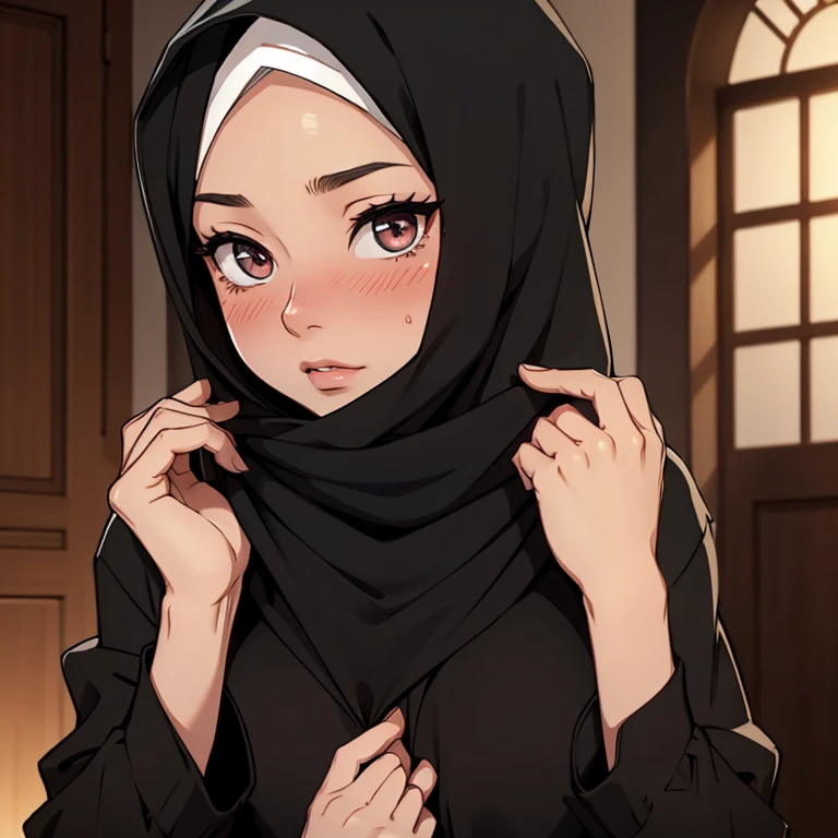 A beautiful young blushing hijabi woman, wearing a black hijab.