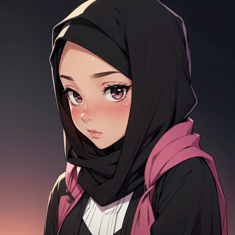A beautiful young blushing hijabi woman, wearing a black hijab.
