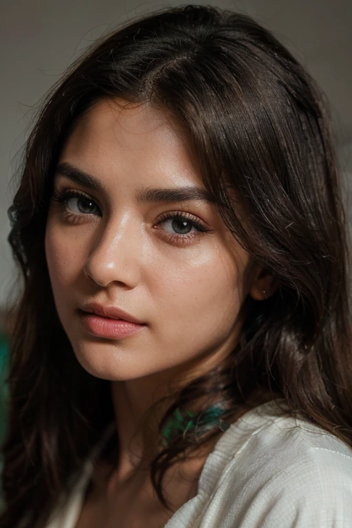 (Best quality, Ultra-detailed, Perfect Ratio, Masterpiece:1.2), Studio lighting:0.7, Photorealistic image of a beautiful pakistani woman, extremely close up shot, facing the camera. The woman should have a highly detailed face (Highly Detailed Skin) with soft, luminous skin. Her long hair should be naturally brown and stylish. (Sharp Focus on the Face, Perfect Eyes:1.2). (ISO 400, 30mm lens RAW f1.8 aperture, highly detailed) to create the impression of analog photography (Analog Photography:1) with HDR colors, both realistic and stylish. maya ali