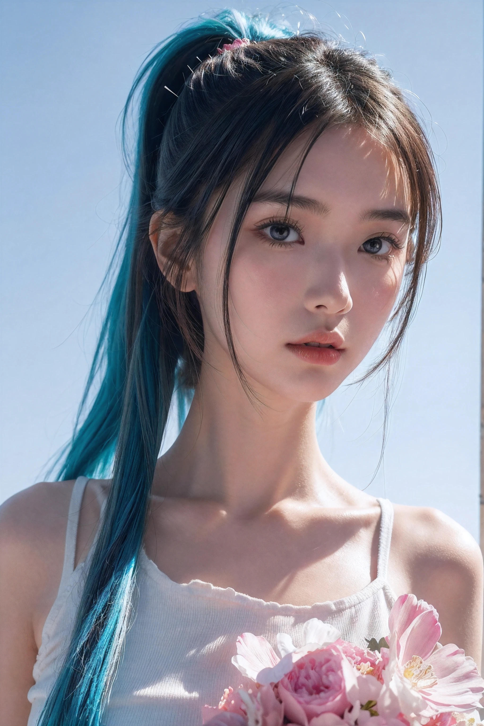 (masterpiece), (best quality), (ultra detailed),(disheveled hair),(illustration), (1girl), (Fashionable clothing), standing, Fashion model, looking at viewer, (interview), ( background),beautiful detailed eyes, delicate beautiful face, Floating,(high saturation),(colorful splashes),colorful bubble,(shining), focus on face, ponytail, kamisato ayaka, light blue hair, bangs, hair ring, floating flowers, floating hairs, (shining), best lighting, best shadow,