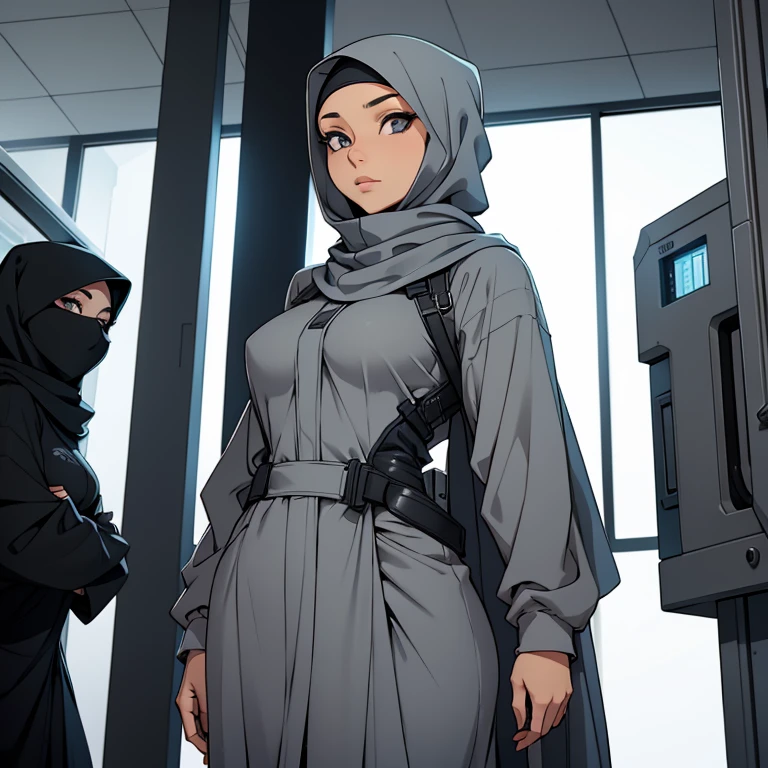 A beautiful young hijabi woman, wearingmodest grey clothes and a grey synthetic hijab