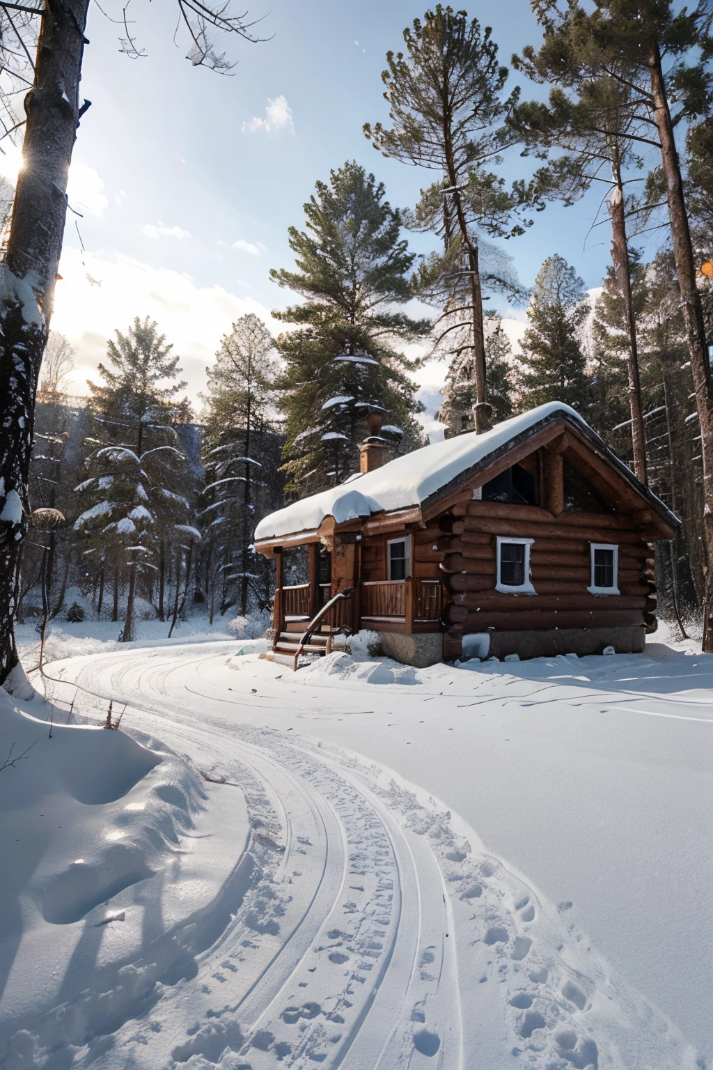 A beautiful Christmas cabin in the middle of a snowy forest, con estilo de dibujos animados