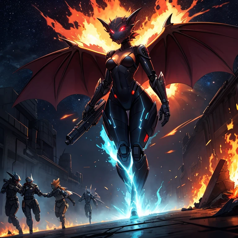 female, furry, metallic, robotic, anthro, blue ,slender appealing body, black, kobold, short, small breasts, demonic, wings spread, glowing eyes, thin body, hallway, battle field, crashed ships, walking, curved thighs, holding blaster gun, fire, burning, destruction, war, explosions , science fiction, galaxy, stars, high quality, masterpiece,