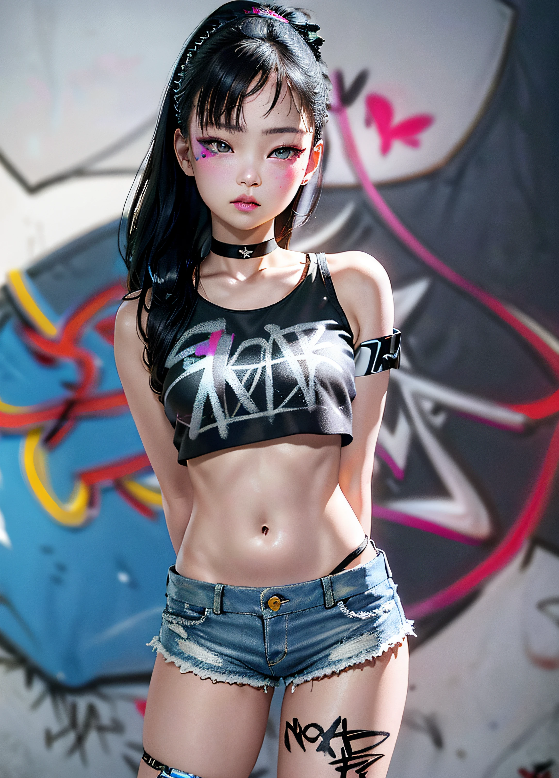 ultra realistic 8k cg, masterpiece, ((ultra detailed background, delicate pattern, intricate detail)), (highly detailed, fine details), best quality, (photorealistic:1.4),beautiful lighting,,masterpiece, best quality, 1girl, solo, crop top, denim shorts, choker, (graffiti:1.5),  arms behind back, against wall, looking at viewer, armband, thigh strap, head tilt, bored, black hair, aqua eyes, headset, Jennie Kim.