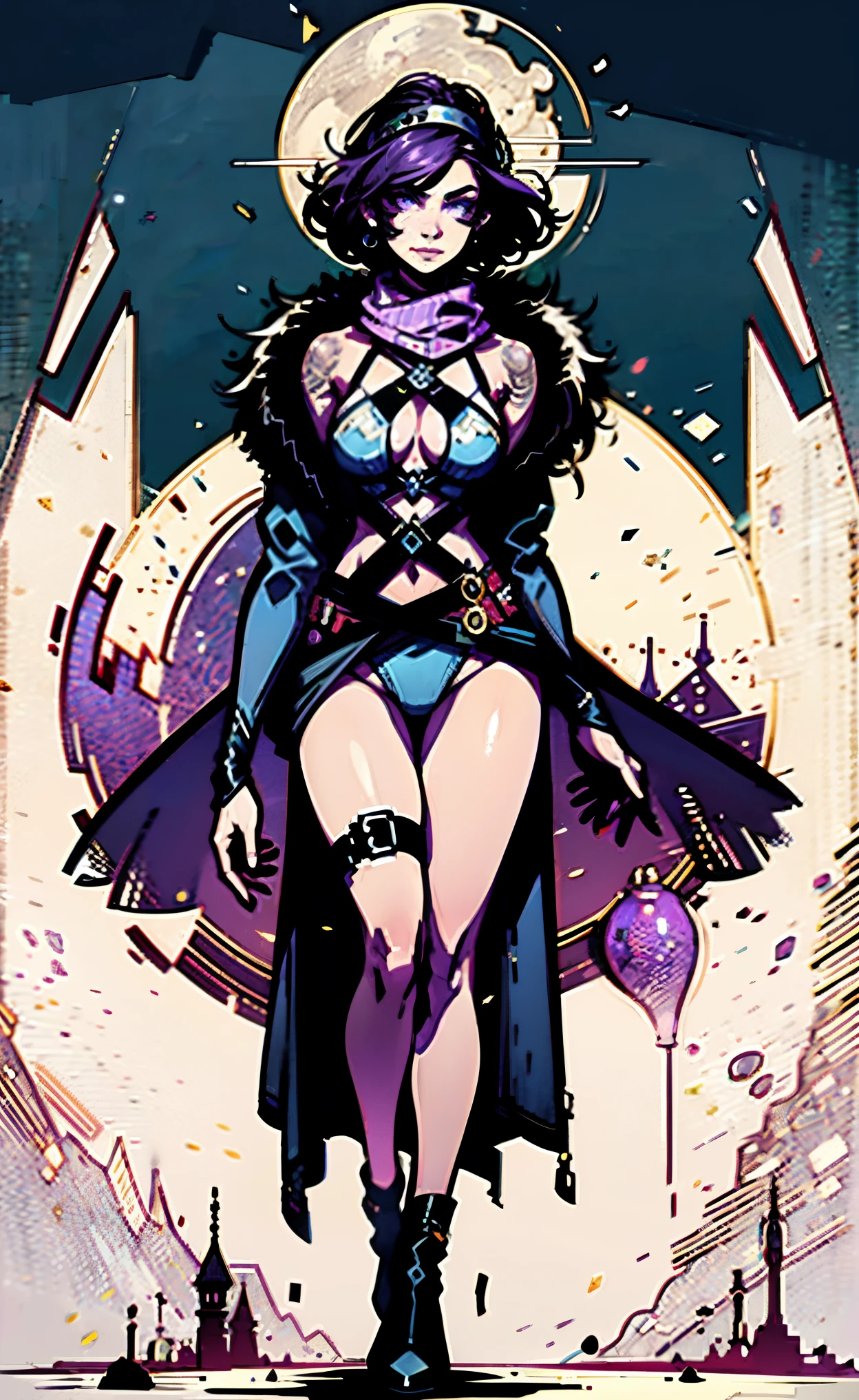 A beautiful woman, short purple hair, long bangs covering her left eye, a headband on her forehead, an exquisite and charming face, a mysterious gaze, a faint smile, draped over her shoulders a thick fur scarf connected to sleeves made of the same fur, a fantasy-style bikini outfit, showcases her delicate and alluring figure, a fur belt around her waist, the background features a cracked giant stone in the wilderness emitting an eerie glow, this character embodies a finely crafted fantasy-style female villain in anime style, exquisite and mature manga art style, perfect body, perfect nose, goddess, femminine, high definition, best quality, highres, ultra-detailed, ultra-fine painting, extremely delicate, professional, anatomically correct, symmetrical face, extremely detailed eyes and face, high quality eyes, creativity, RAW photo, UHD, 8k, Natural light, cinematic lighting, masterpiece-anatomy-perfect, masterpiece:1.5