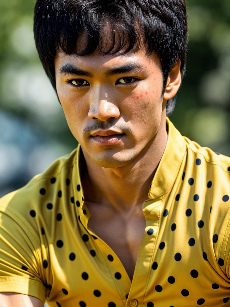 (Portrait shot, ultra-detailed, best quality, photorealistic:1.37, 4k, realistic, photography, Bruce Lee classic pose, wearing a polka dot shirt, detailed facial features, vibrant colours, 35mm)