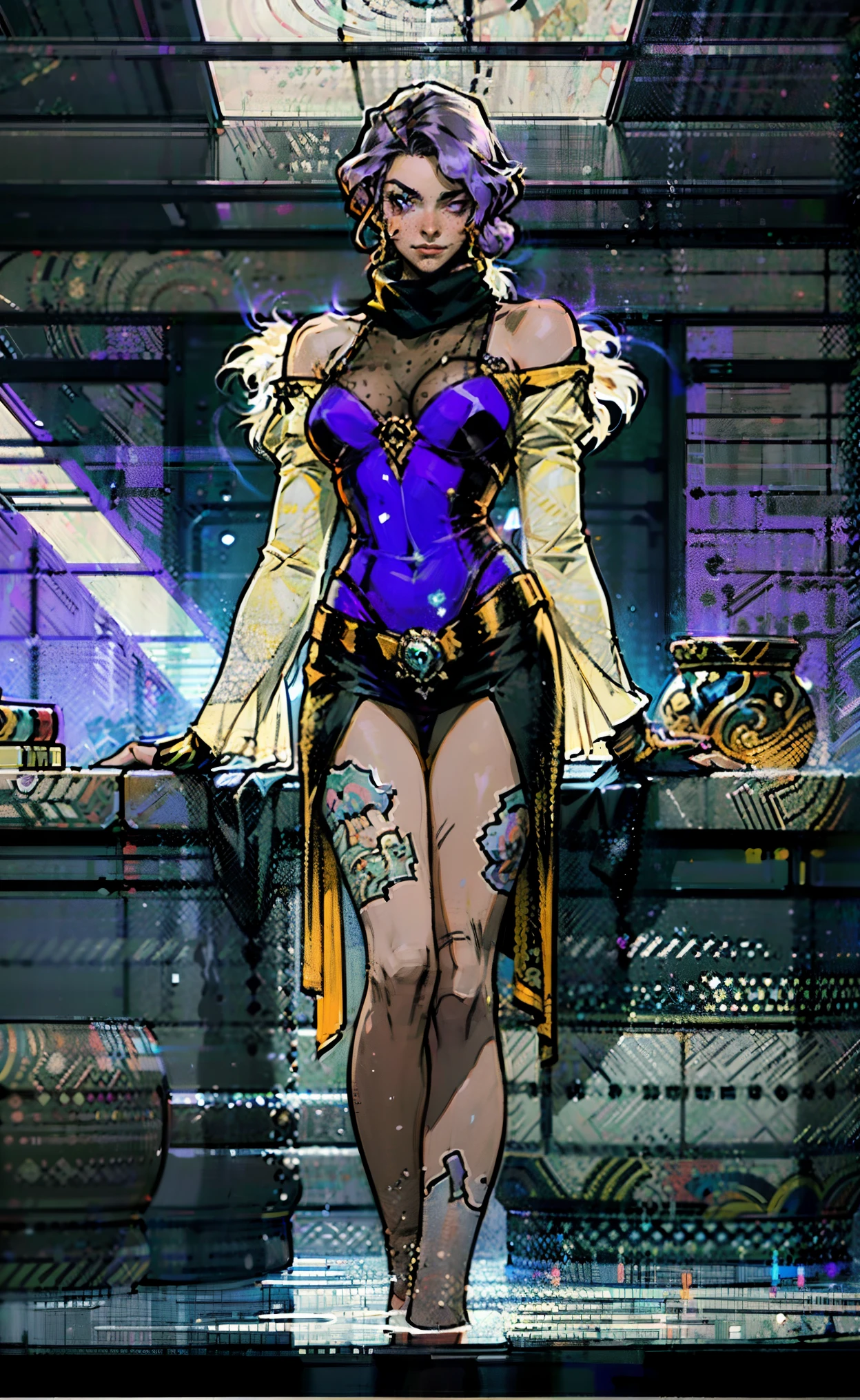 A beautiful woman, short purple hair, long bangs covering her left eye, a headband on her forehead, an exquisite and charming face, a mysterious gaze, a faint smile, draped over her shoulders  a thick fur scarf connected to sleeves made of the same fur, a fantasy-style bikini outfit, showcases her delicate and alluring figure, a fur belt around her waist, the background features a cracked giant stone in the wilderness emitting an eerie glow, this character embodies a finely crafted fantasy-style female villain in anime style, exquisite and mature manga art style, perfect body, perfect nose, goddess, femminine, high definition, best quality, highres, ultra-detailed, ultra-fine painting, extremely delicate, professional, anatomically correct, symmetrical face, extremely detailed eyes and face, high quality eyes, creativity, RAW photo, UHD, 8k, Natural light, cinematic lighting, masterpiece-anatomy-perfect, masterpiece:1.5