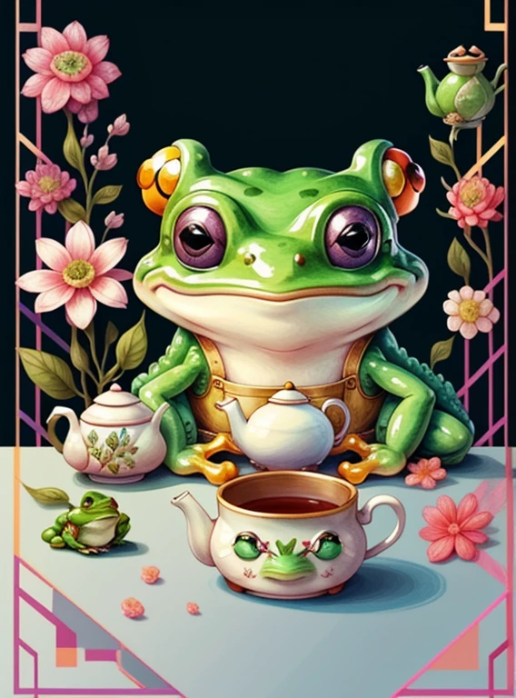 (cute frog smiling with tea pot and flowers) Munchkin ,Geometric multidimensional wall portrait, livro de arte, Tchibi,
Yang08k, Beautiful, Colouring,
Obras, of the highest quality, best quality, Arte Oficial, Beautiful and Aesthetic,