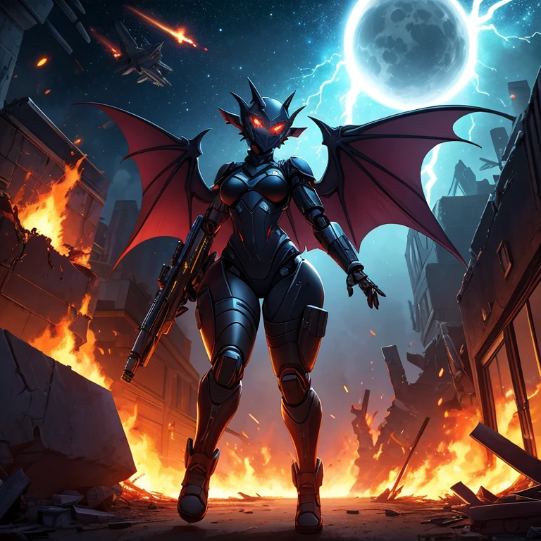 female, furry, metallic, robotic, anthro, blue ,slender appealing body, black, kobold, short, small breasts, demonic, wings spread, glowing eyes, thin body, hallway, battle field, crashed ships, destroyed buildings, walking, curved thighs, holding blaster gun, fire, burning, destruction, war, explosions , lightning,  science fiction, galaxy, stars, high quality, masterpiece,