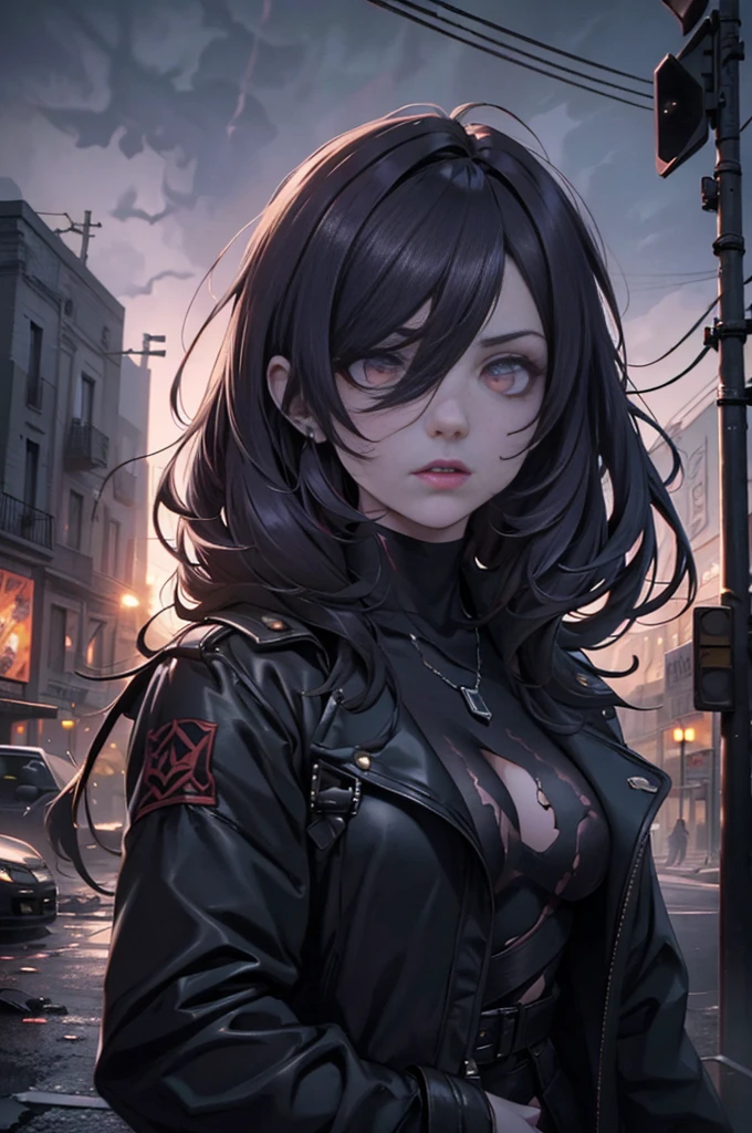 (best quality,4k,8k,highres,masterpiece:1.2),ultra-detailed,(realistic,photorealistic,photo-realistic:1.37),illustration,devilish,expressive face,bright red eyes,dark lips,long red nails,flames,smoke,strong muscles,broken buildings,burning city,keyhole windows,destroyed cars,fallen debris,nighttime,gloomy atmosphere,ominous skies,desolate streets,ashen ruins,dim streetlights,dramatic shadows,misty moonlight,dystopian,post-apocalyptic,demonic apocalypse,chaotic destruction,ferocious power,overwhelming darkness,eternal flames,purple lightning,fantastic realism,portraits