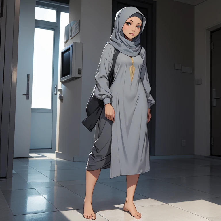 A beautiful young barefoot hijabi woman, wearingmodest grey clothes and a grey synthetic hijab