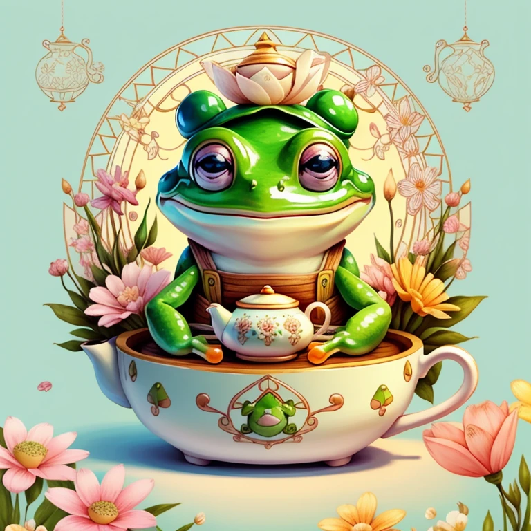 (cute frog smiling with tea pot and flowers) Munchkin ,Geometric multidimensional wall portrait, livro de arte, Tchibi,
Yang08k, Beautiful, Colouring,
Obras, of the highest quality, best quality, Arte Oficial, Beautiful and Aesthetic,