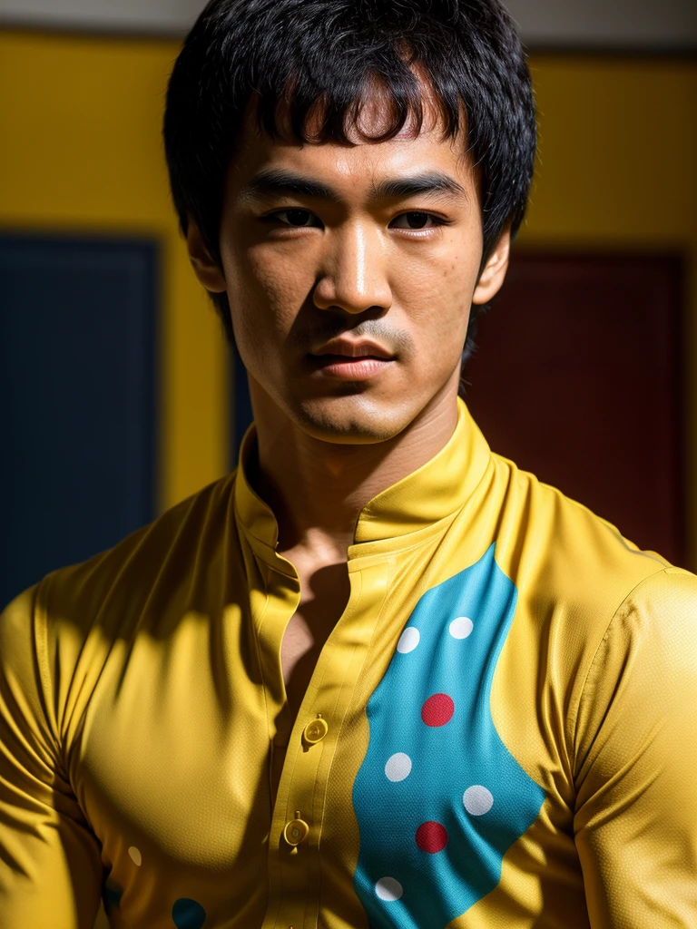 (Portrait shot, ultra-detailed, best quality, photorealistic:1.37, 4k, realistic, photography, Bruce Lee classic pose, wearing colourful polka dot shirt, indoor, detailed facial features, vibrant colours, 35mm)