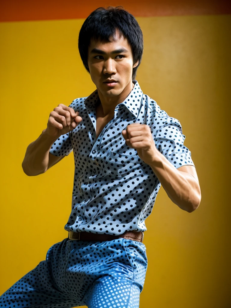 (Portrait shot, ultra-detailed, best quality, photorealistic:1.37, 4k, realistic, photography, Bruce Lee classic pose, wearing colourful polka dot shirt, indoor, detailed facial features, vibrant colours, 35mm)