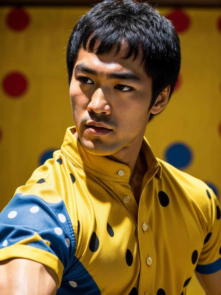Bruce Lee eating a clean one at a table with yellow colors ,blue and red