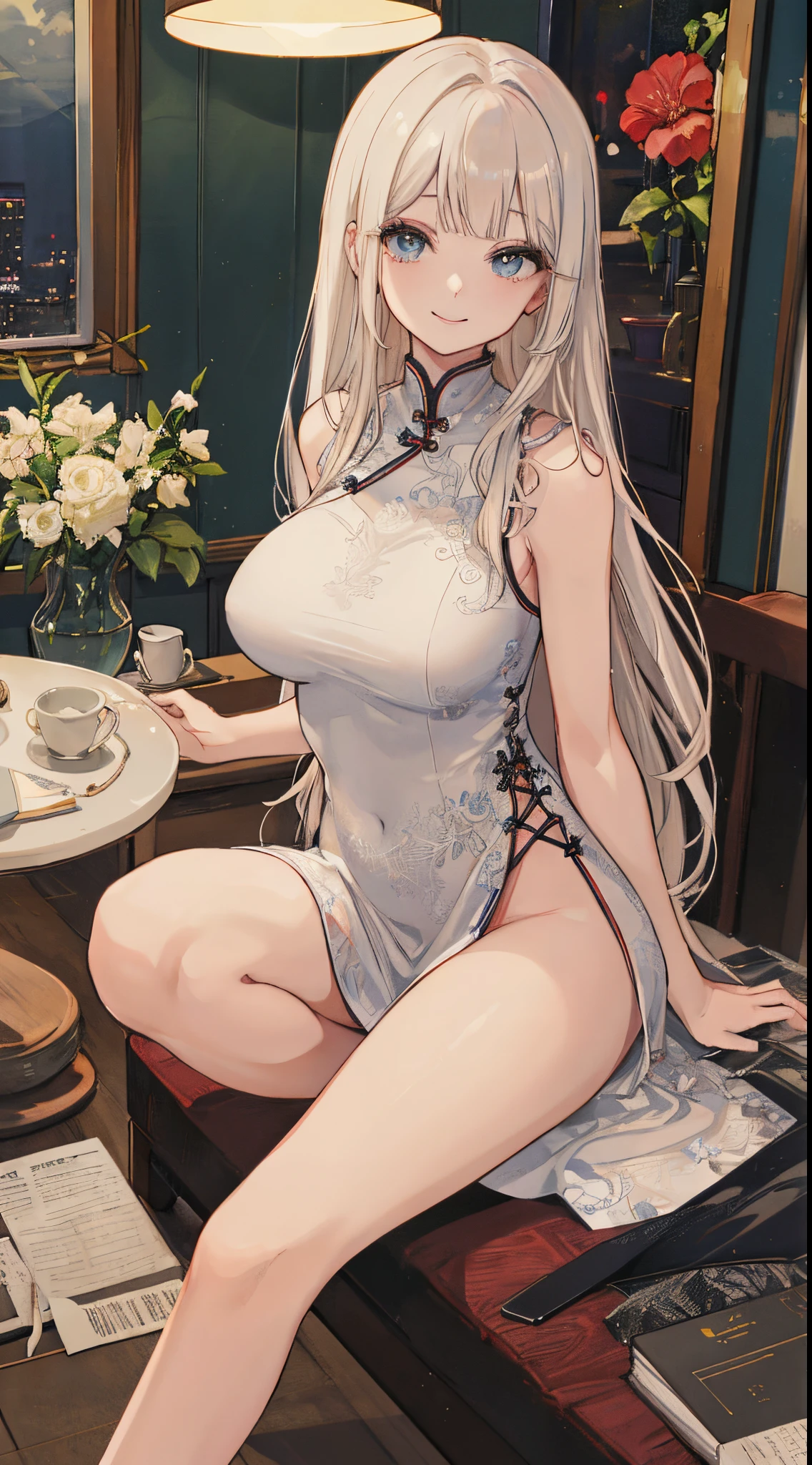 top-quality、realistic touch,high-detail、photoRealstic、Long body、captive beauty、big eye、Strong platinum blonde eyelashes、platinum-blond、full body Esbian、Sparkling eyes、Submissive smile、Flushed cheeks、Kamimei、thin-waist、Voluptuous thighs、Enraptured look、Raked bangs、The forehead is protruding、Tight chinese dress、sleeveless、Inside a room、She isn't not wearing panties、young mother with baby