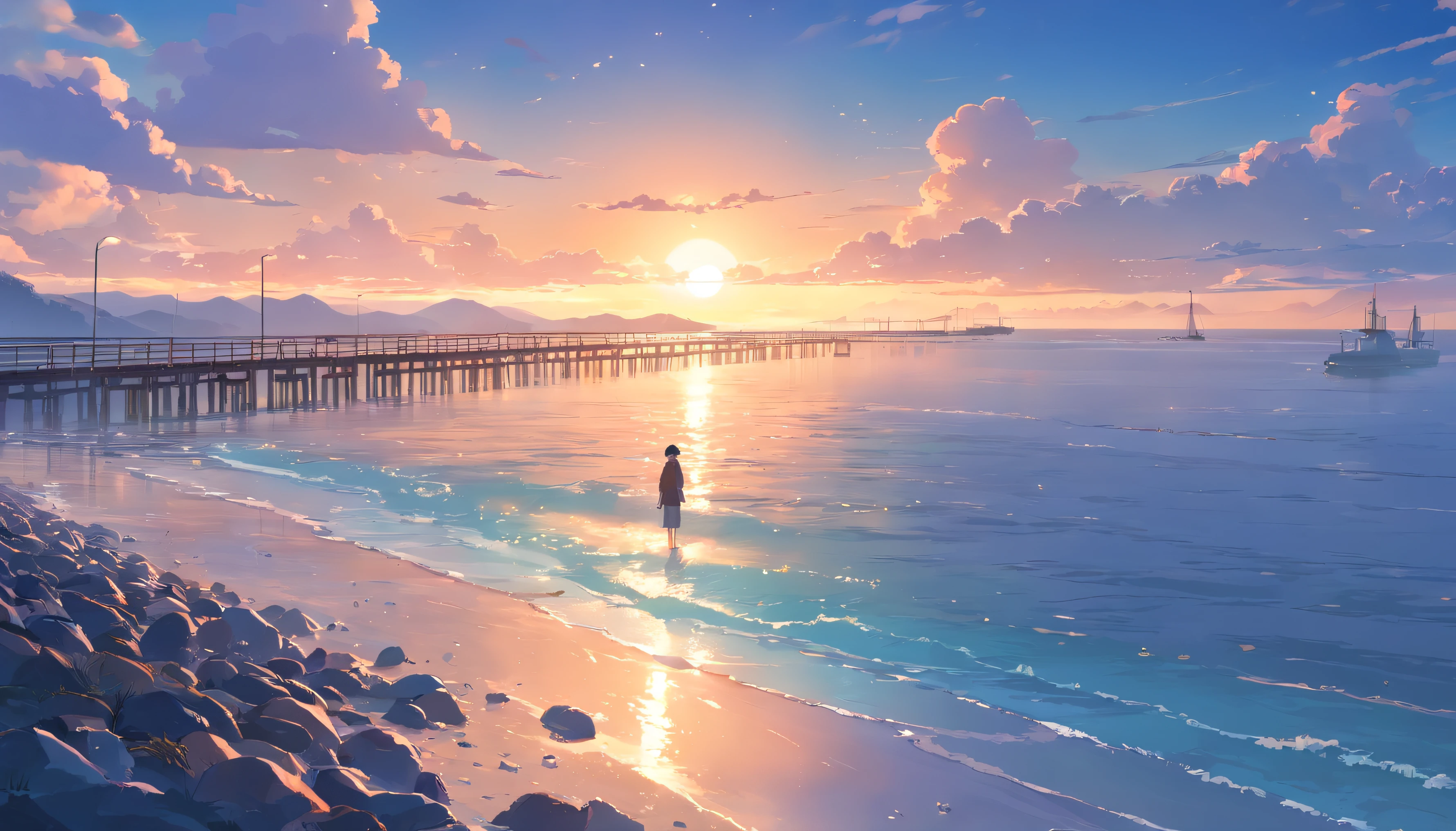 masterpiece、top-quality、cinematic Film still from、bigger south Winterackground with Turbidity natta Shady calm seas Water cuts clouds transient Have by the sea Grace