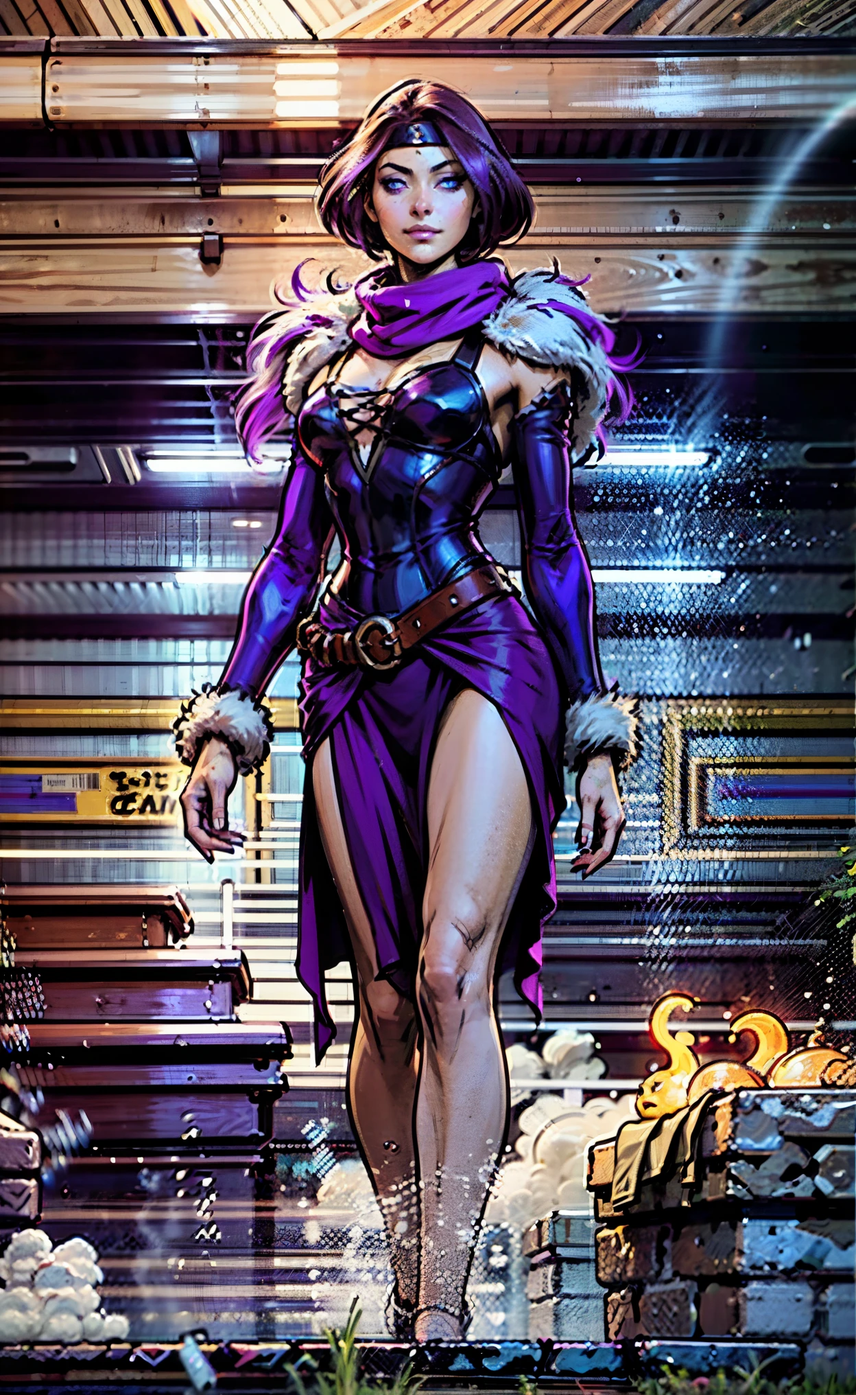 A beautiful woman, short purple hair, long bangs covering her left eye, a headband on her forehead, an exquisite and charming face, a mysterious gaze, a faint smile, draped over her shoulders  a thick fur scarf connected to sleeves made of the same fur, a fantasy-style bikini outfit, showcases her delicate and alluring figure, a fur belt around her waist, the background features a cracked giant stone in the wilderness emitting an eerie glow, this character embodies a finely crafted fantasy-style female villain in anime style, exquisite and mature manga art style, perfect body, perfect nose, goddess, femminine, high definition, best quality, highres, ultra-detailed, ultra-fine painting, extremely delicate, professional, anatomically correct, symmetrical face, extremely detailed eyes and face, high quality eyes, creativity, RAW photo, UHD, 8k, Natural light, cinematic lighting, masterpiece-anatomy-perfect, masterpiece:1.5