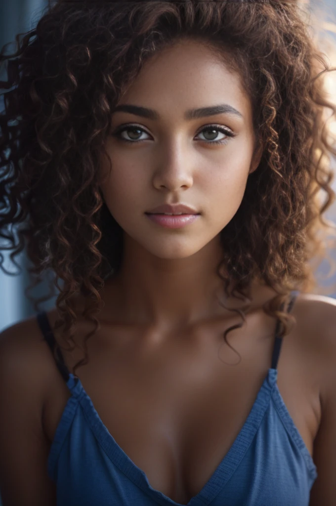 Masterpiece. Best quality, brown-skinned young woman with green eyes and curly hair posing for a picture, soft portrait shot 8 k, beautiful young girl, beautiful portrait image, photo of a beautiful woman, perfect face and eyes, gorgeous face portrait, beautiful young woman, beautiful portrait photo, beautiful model girl, extremely beautiful face, very beautiful young woman, beautiful girl model, beautiful portrait lighting 8k uhd, dslr, high quality, film grain, fujifilm xt3
