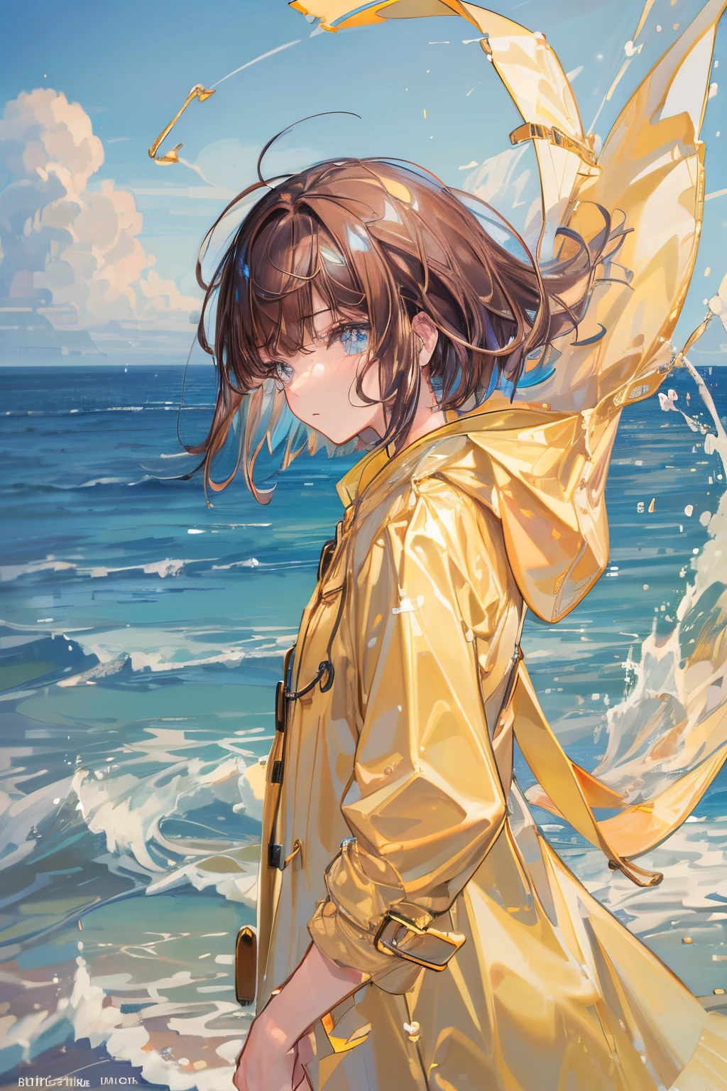 (tmasterpiece), (Best quality at best), (ultra - detailed),(illustratio), (1人), Permanent, A fashion model, looking at viewert, (Interview), (detailedbackground), exquisite and beautiful face, floating,high saturated,beachside,(blue waterlue ocean),1 girl, (brown short hair with bang),((yellow raincoat)),((very small breats!!!!))