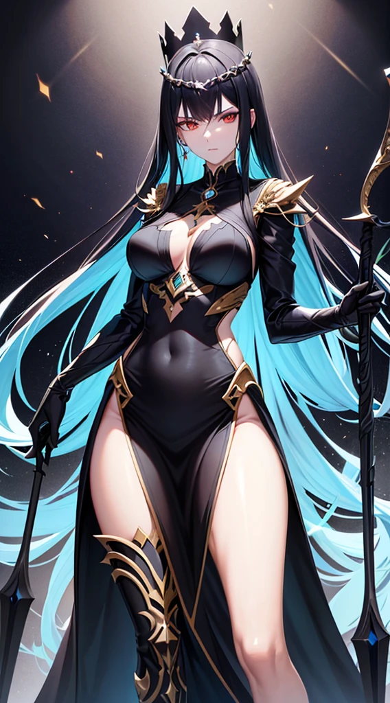 A woman, tall, mature, milf, long hair, black hair, wearing a long, thin black dress, red details, an opening on her legs that gave space for dark golden armor and another armor that she had on her arms. She has white skin and a curvy body. In his right eye is a complicated golden magic circle with several spikes and small runes that appear to rotate clockwise. In her strangely draconic hands, she held a long black staff, just like her crown, it gave off a light blue energy with green tones. Her crown was made of a material that looked like black twigs and had a light blue gemstone.