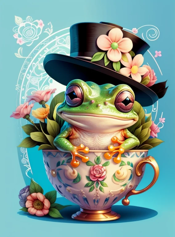 (cute frog smiling with a top hat and flowers in a beautiful cup) Munchkin ,Geometric multidimensional wall portrait, livro de arte, Tchibi,
Yang08k, Beautiful, Colouring,
Obras, of the highest quality, best quality, Arte Oficial, Beautiful and Aesthetic,