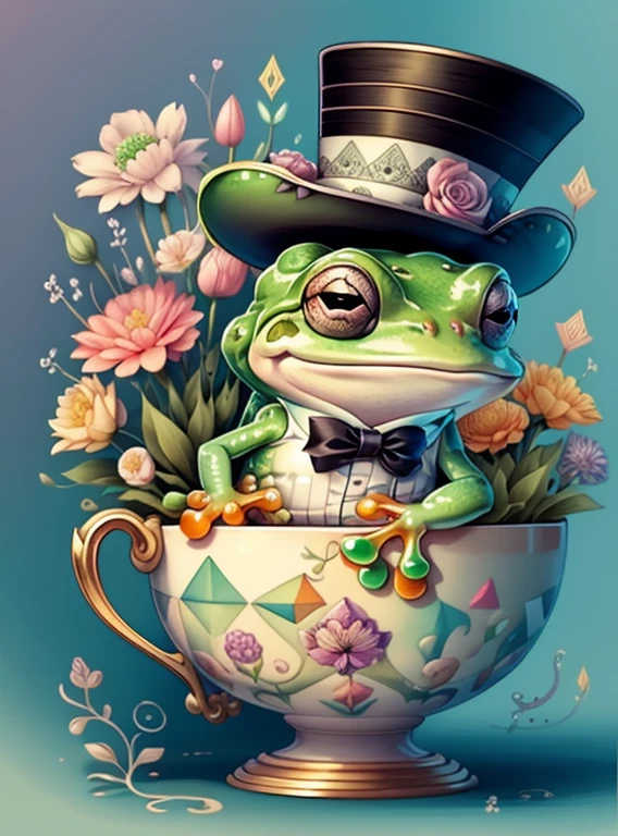 (cute frog smiling with a top hat and flowers in a beautiful cup) Munchkin ,Geometric multidimensional wall portrait, livro de arte, Tchibi,
Yang08k, Beautiful, Colouring,
Obras, of the highest quality, best quality, Arte Oficial, Beautiful and Aesthetic,