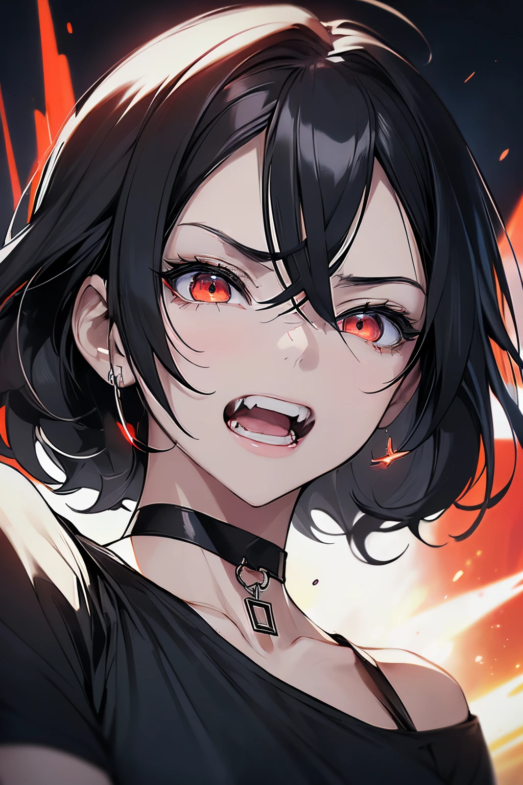 scene:0.9, (masterpiece), best quality, (((ultra detailed, 8k quality))), looking at viewer, (black hair, side bang, expressive red eyes:0.7, glowing red eyes), (depth perception:0.7, black background, blurry background), ((torso)), ((centered)), glowing eyes, ((seductive eyeeminine, smile, close-up, neck choker, ((SFW)), lose fitting black t-shirt, face focus, (clenched teeth), (slightly pissed expression, shaded face)