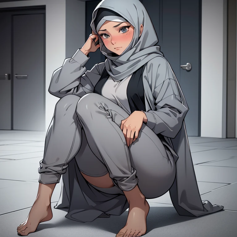 A beautiful young barefoot hijabi woman, wearingmodest grey clothes, a grey facemask and a grey synthetic hijab, blushing.