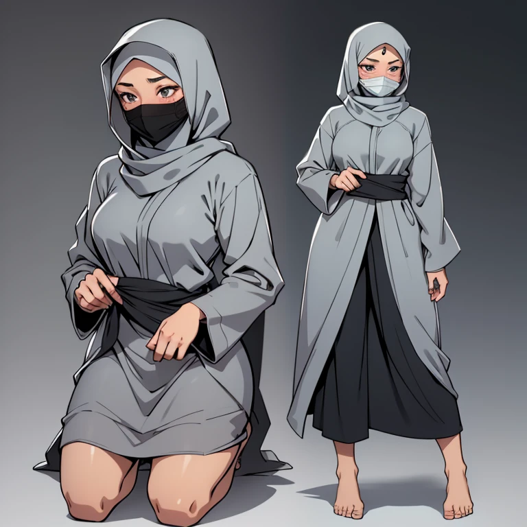 A beautiful young barefoot hijabi woman, wearingmodest grey clothes, a grey facemask and a grey synthetic hijab, blushing.