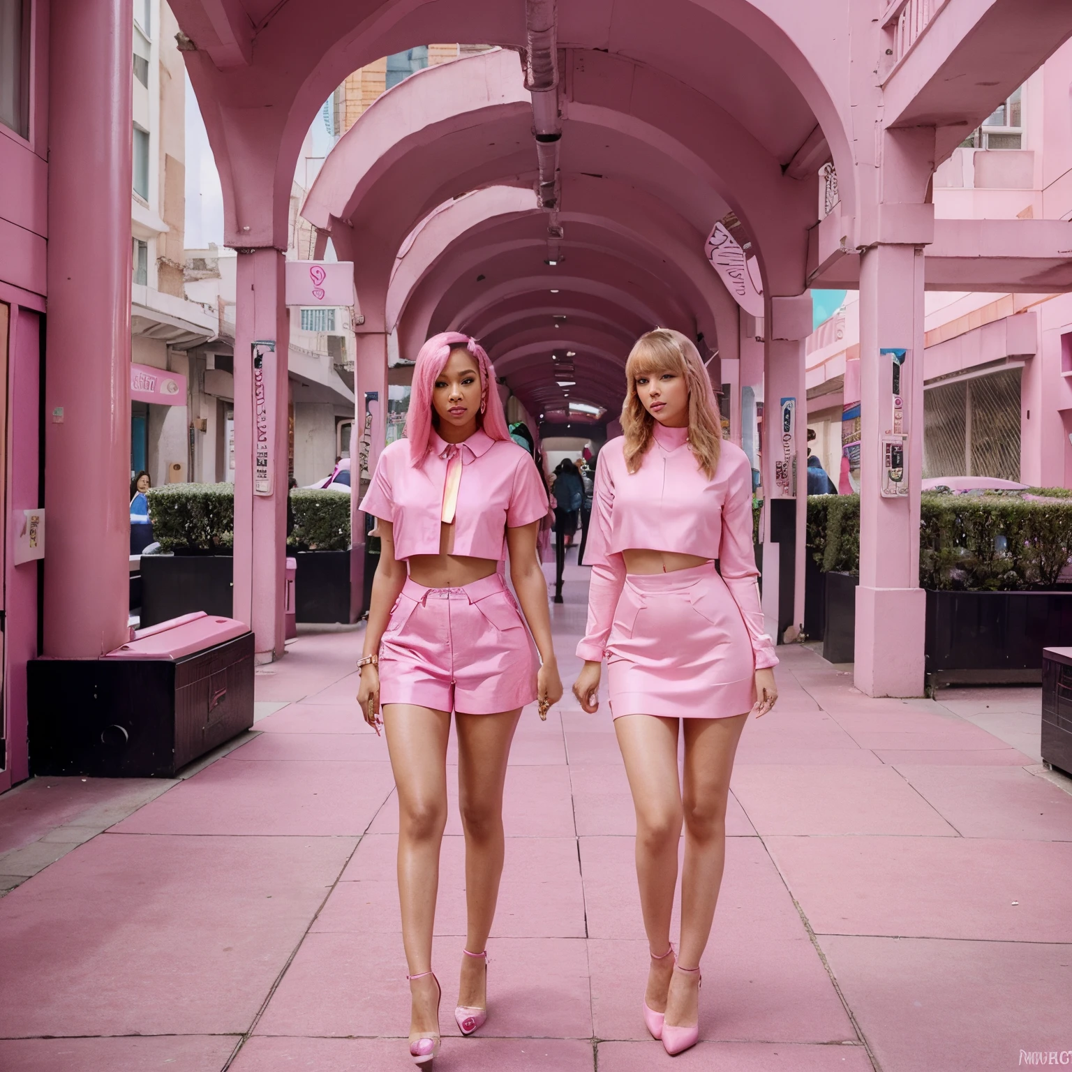 two women standing next to each other in front of a pink wall, doja cat, music video, still from a music video, official music video, doja cat as cat woman, performing a music video, her hair is white, woman holding another woman, neon jungle, bella poarch, youtube video screenshot, cardi b, light skin