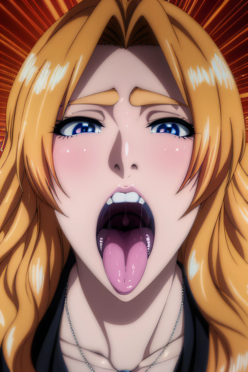 rangikumatsumoto, Rangiku Matsumoto, Cabello largo, cabello naranja, topo, lunar debajo de la boca, flequillo partido, They are smiling, escote, La mejor calidad, High resolution, Unidad 8K Fondo de pantalla, (illustration:0.8), Cara extremadamente detallada, perfect ilumination, night, face, open mouth, uvula, mouth, tongue, tongue out, long hair, blue eyes, grey eyes