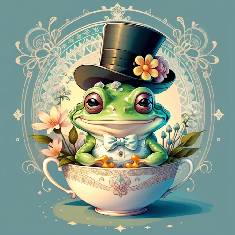 (cute frog smiling with a top hat and flowers in a beautiful cup) Munchkin ,Geometric multidimensional wall portrait, livro de arte, Tchibi,
Yang08k, Beautiful, Colouring,
Obras, of the highest quality, best quality, Arte Oficial, Beautiful and Aesthetic,