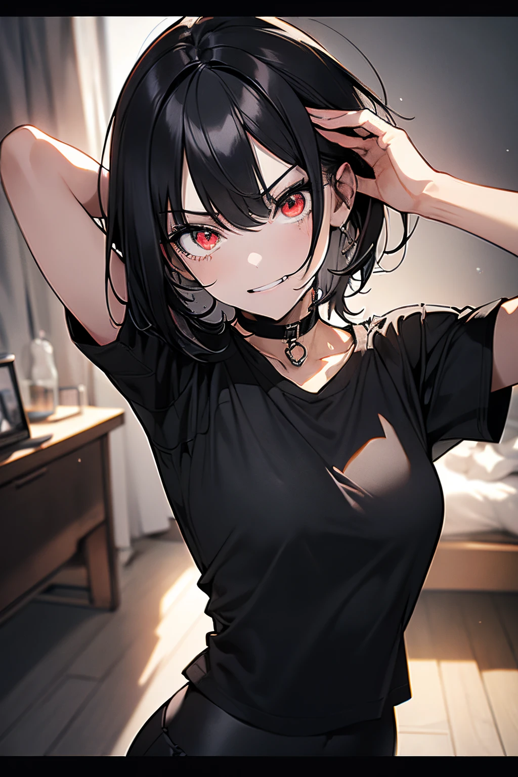 scene:0.9, (masterpiece), best quality, (((ultra detailed, 8k quality))), looking at viewer, (black hair, side bang, expressive red eyes:0.7, glowing red eyes), (depth perception:0.7, black background, blurry background), ((torso)), ((centered)), glowing eyes, ((seductive eyes)), feminine, smile, close-up, neck choker, ((SFW)), lose fitting black t-shirt, face focus, (clenched teeth), slightly angry eyes, shaded face