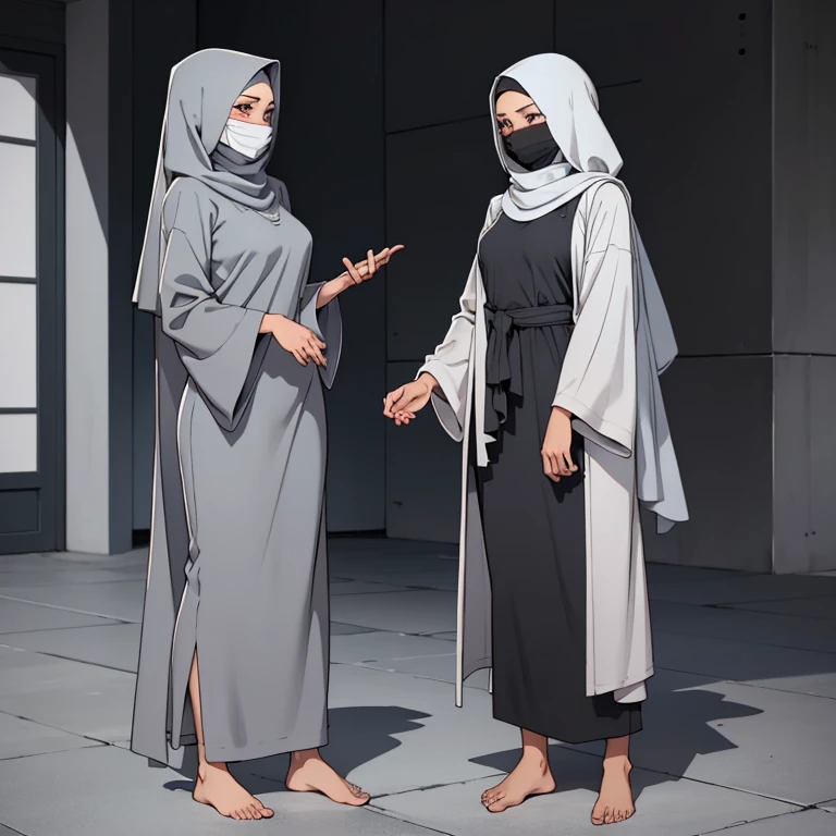 A beautiful young barefoot hijabi woman, wearingmodest grey clothes, a grey facemask and a grey synthetic hijab, standing next to her female friend wearing the same, both blushing.