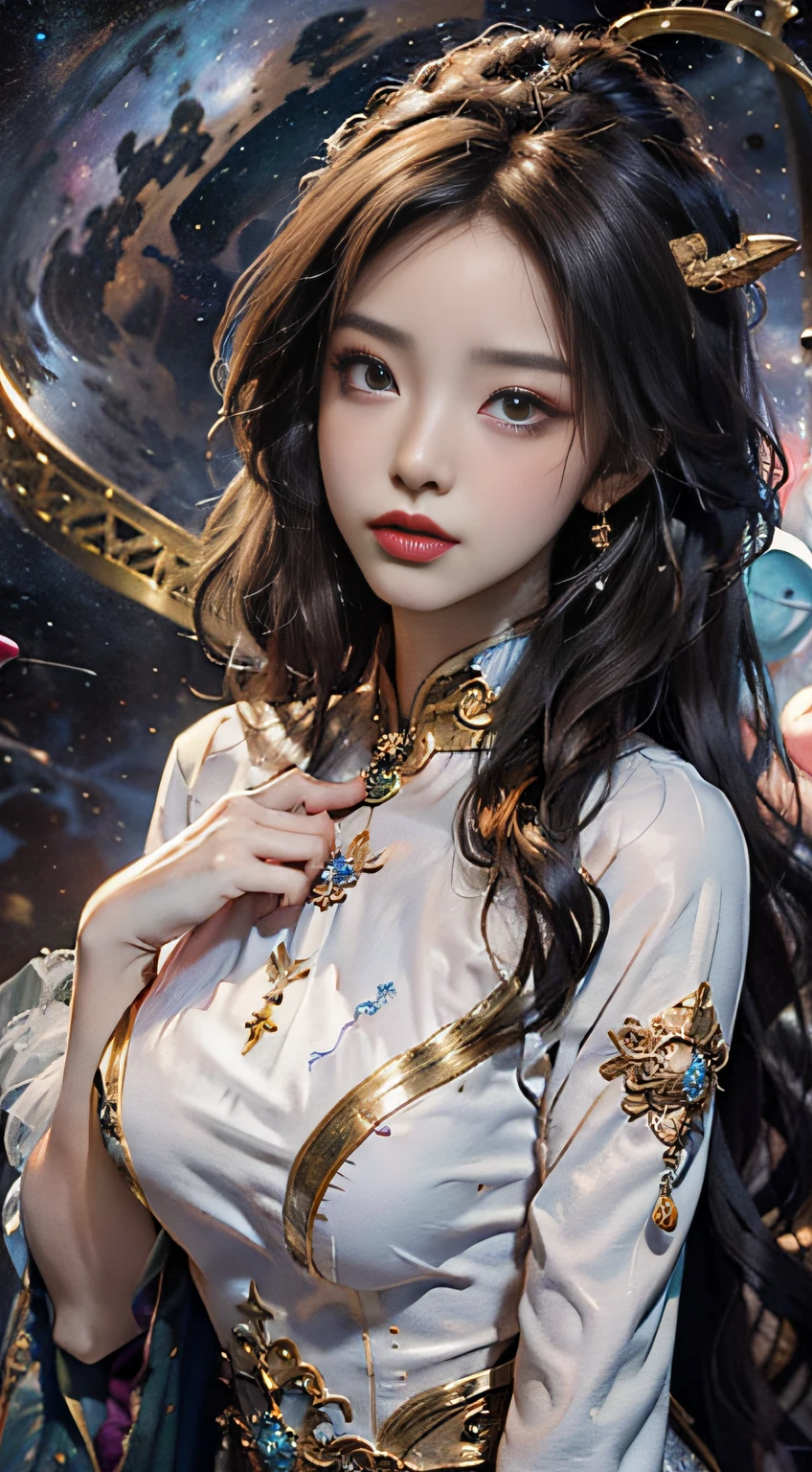 1 goddess of the zodiac from the future, wear the ao dai of the goddess of the zodiac to cover her chest, the goddess of the zodiac wears a bright yellow gold bodice, the goddess radiates a bright pink purple zodiac aura, the stars have the shape of the 12 zodiac signs, the goddess of the zodiac wearing a golden zodiac ao dai with many black details, the mythical goddess of the 12 zodiacs from the future, Zodiac sign ♏, zodiac style, dark and mystic version, Plump boobs, Red lips are balanced and very beautiful, character by karol bak and pino daeni, intricate details, detailed background, many object of background, extra highly detailed, magic lighting, a woman, clearly drawn face, beautiful face and symmetry eyes, big round eyes and very beautiful and detailed makeup, distant focus, silk clothing, mystic adornment, upper body portrait, arms loose, Realistic and vivid photo, (stars that make up the zodiac: 1.7), (zodiac sky background and fantasy portal of space and time: 1.8 ), fiction art, RAW images, style fantasy hanfu, long sleeves that cover 2 hands, 2 outstretched arms,